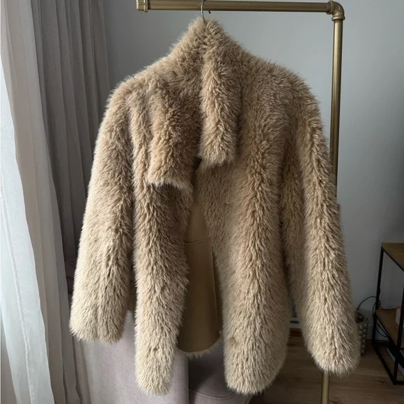 Stand-Up Collar Faux Fur Coat, H&M, Dark Beige, M - Picture 3 of 12